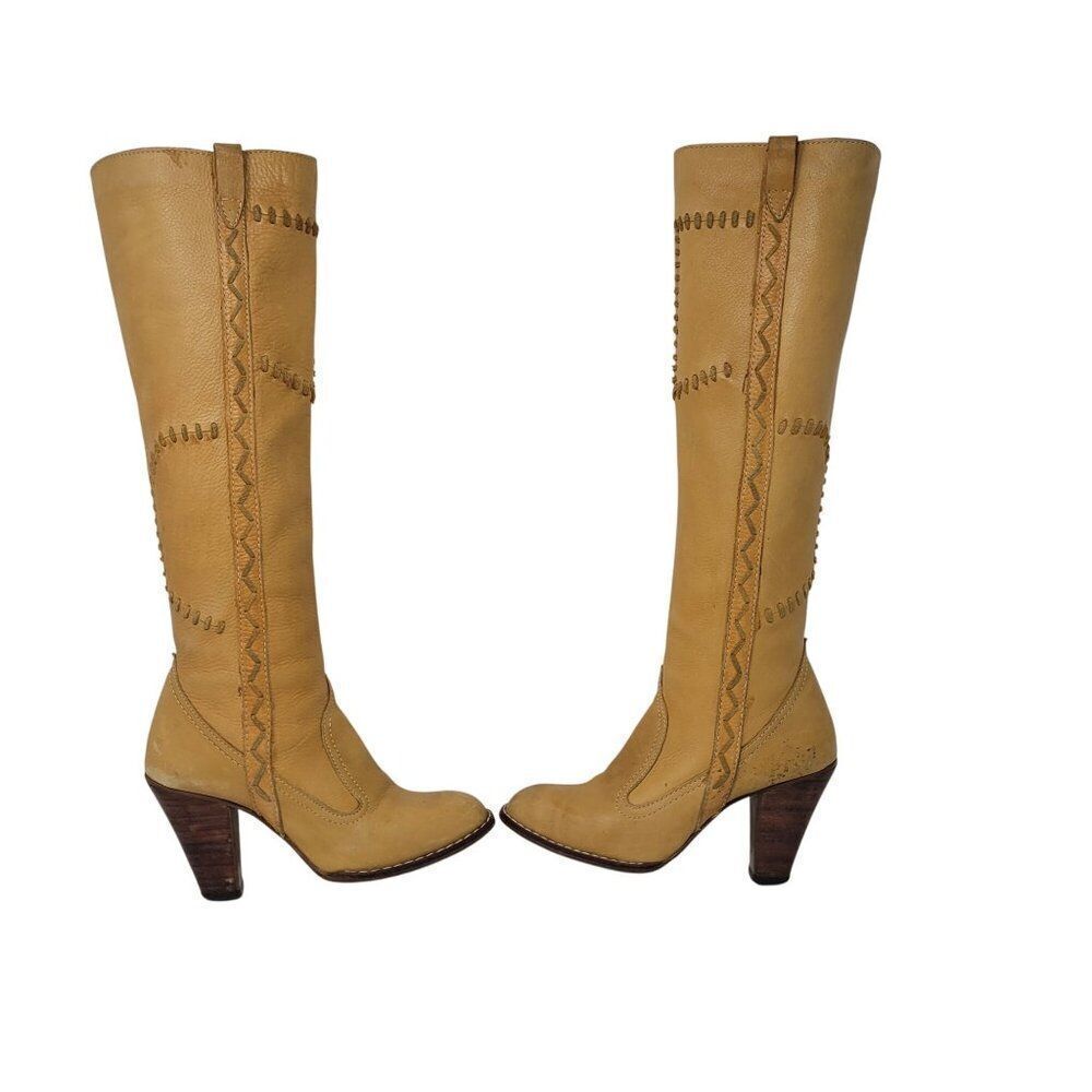 Vintage 70s Western Tan Knee-High Leather Boots Sz 3 Patchwork Stitching‎ Heeled